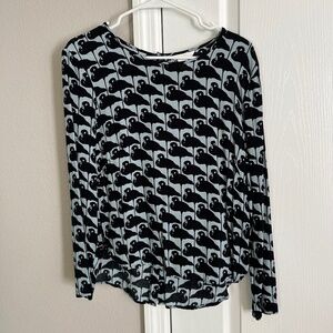 Flamingo print black and gray long sleeve blouse with buttons up the back